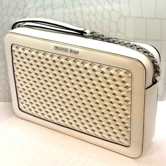 Michael Kors Jet Set Large Woven Crossbody Bag Optic White - Picture 8 of 10